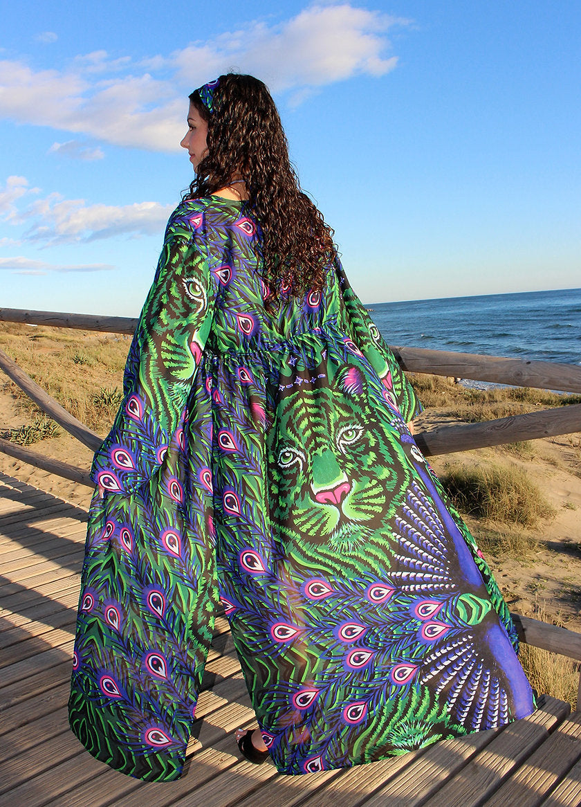 Purple Peacock & Tiger Kaftan
